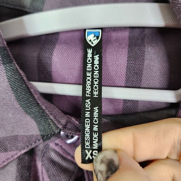 KUHL Top Womens XS Purple Black Plaid Flannel Rukus 1/2 Button Down Shirt Cabin - Picture 7 of 9